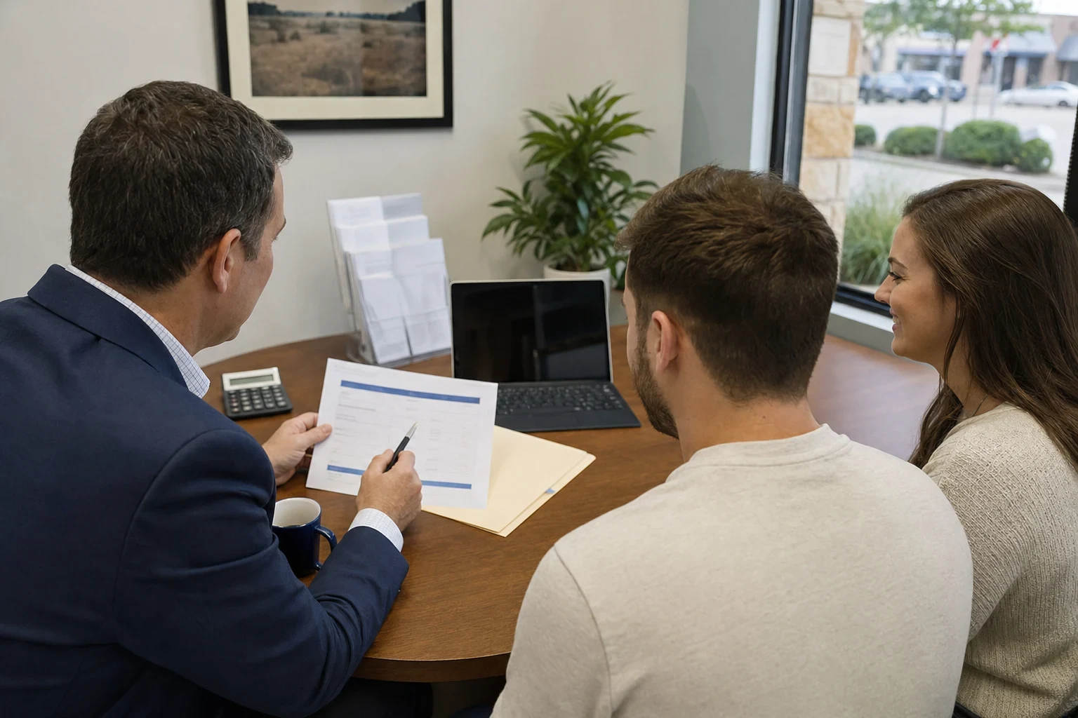 Insurance agent in a navy blazer reviews a printed quote sheet with a young couple at a round wooden table by a window overlooking a strip center
