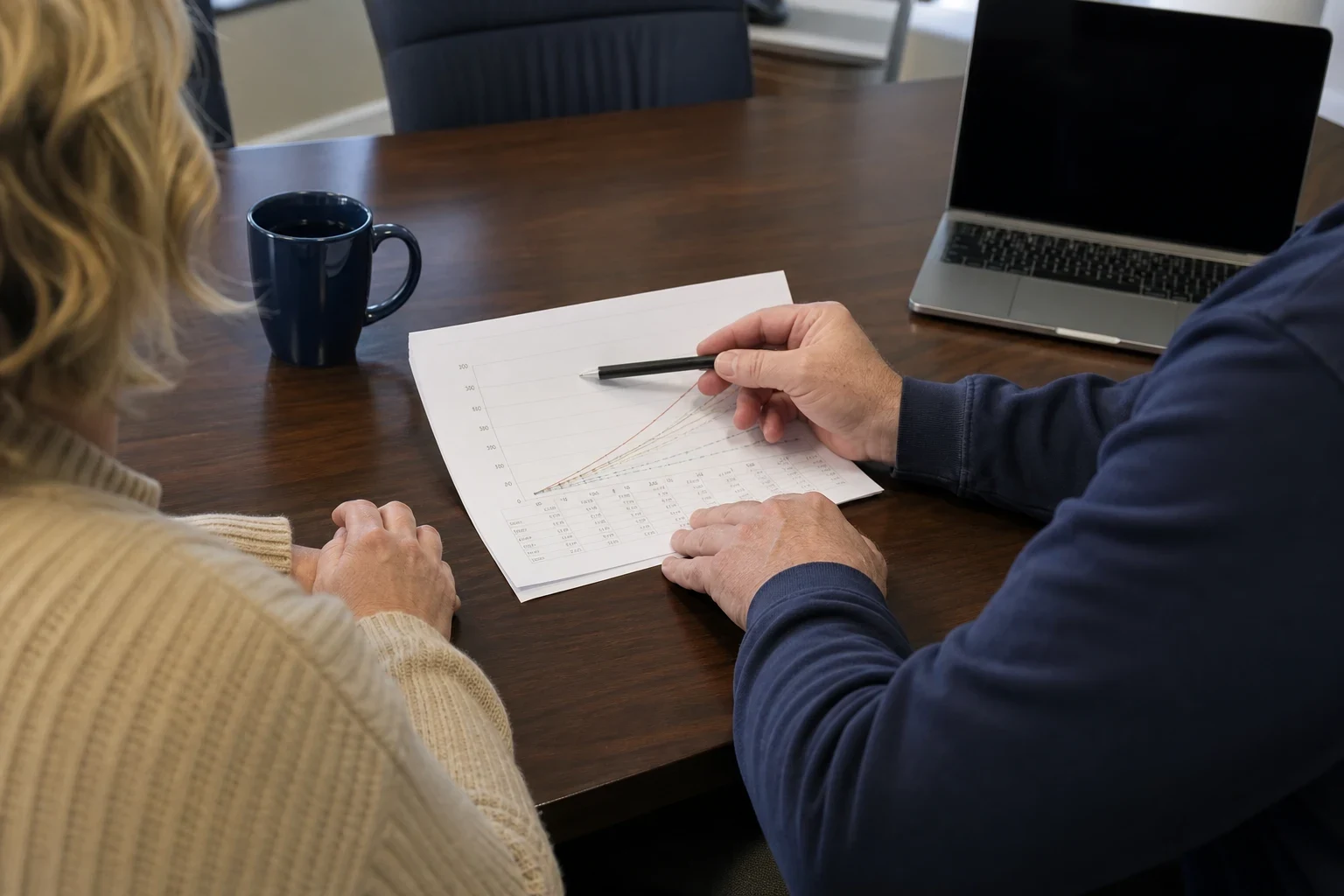 Agent points a pen at a printed growth chart and table on a wooden desk while a client in a cream sweater looks on, with a coffee mug and laptop nearby