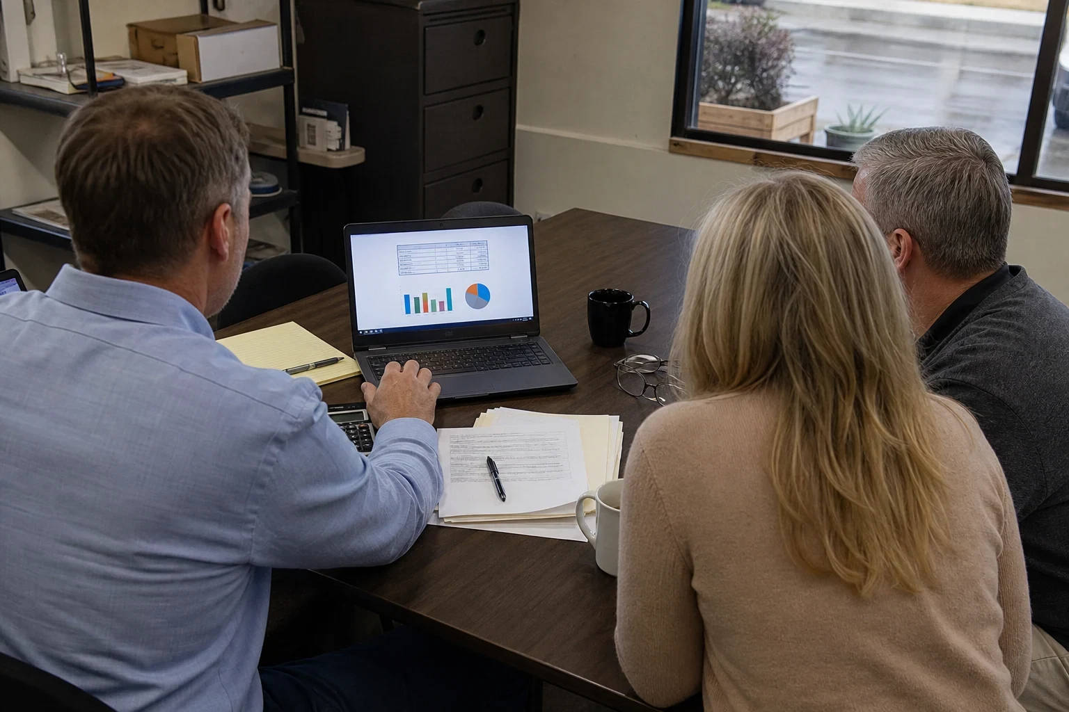 Agent in a light blue button-down shows charts on a laptop to a couple at a dark wood conference table in a storefront office with a window onto a rainy street.